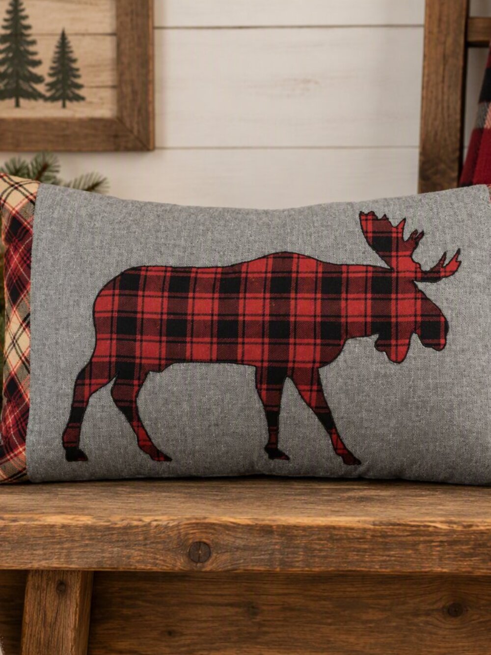Moose Appliqué Throw Pillow 14x22 Rustic Cabin Lodge Plaid Accent